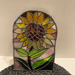Vintage  Handcrafted Yellow Sunflower Stained Glass Sun catcher - Home Art